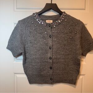 Gray Short Sleeve Cardigan with Embellished Collar size small